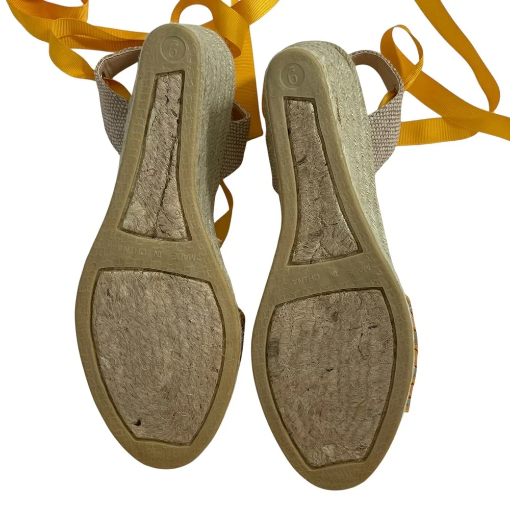 Talbots Espadrille Wedge‎ Sandals Size 9 Yellow Red Ribbon Tie Up Ankle Stripe